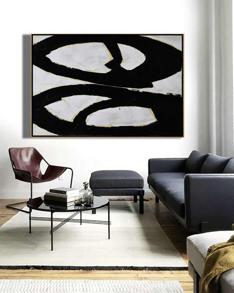 Oversized Custom Canvas Art,Horizontal Palette Knife Minimal Canvas Art Painting Black White Beige - Abstract Art On Canvas, Modern Art